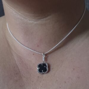 Sterling Silver Necklace – RBlack Four-Leaf Clover and Rhinestones
